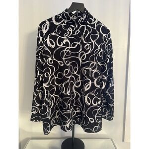 SUSAN GRAVER Liquid Knit Abstract Tunic Top Sz 1X Black/White Ruched Mock Neck